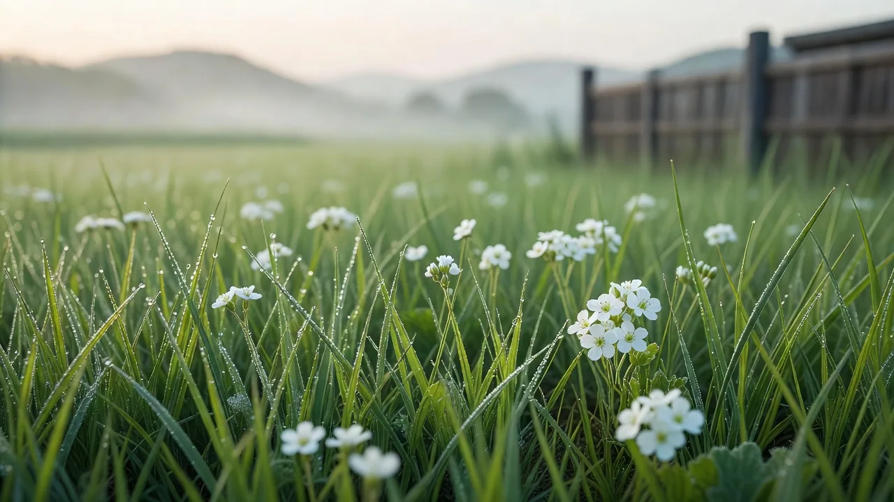 朝露に濡れる牧草と花