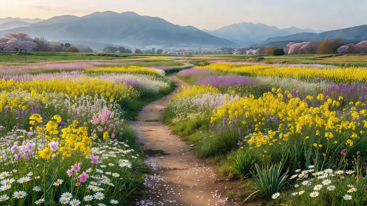 山を望む花の小径