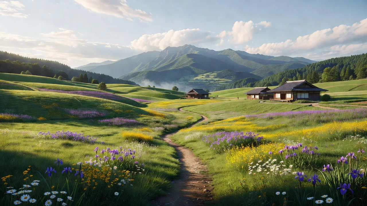 山並みを望むパノラマの牧草地