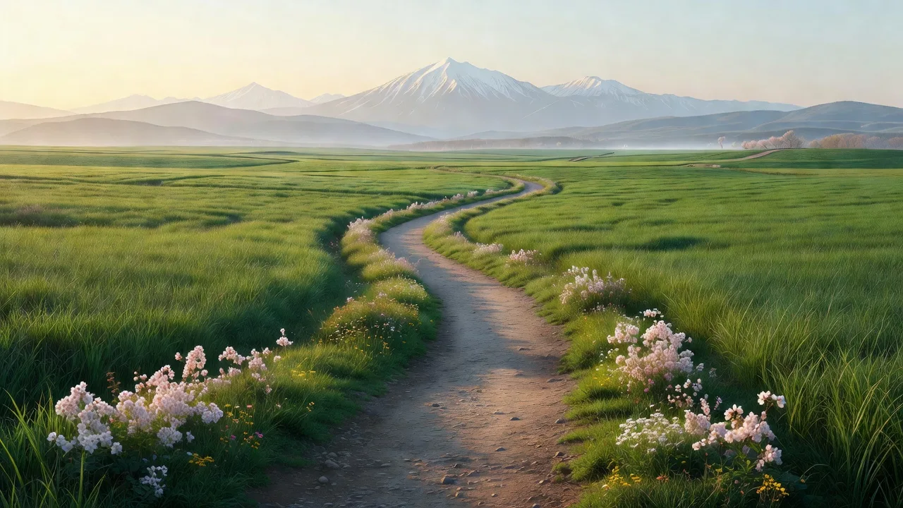 春の牧草地と山並みの小径